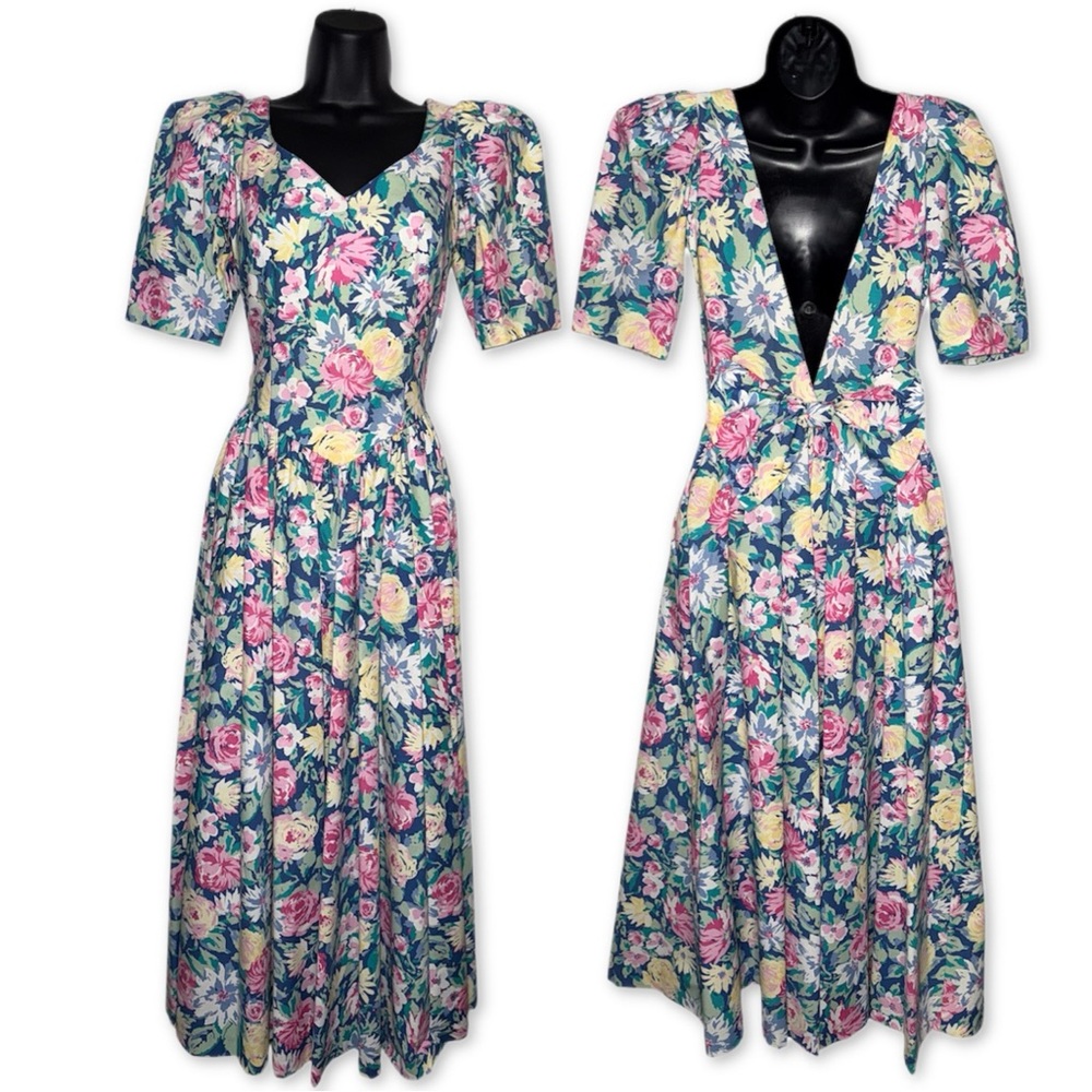 RARE Vintage 80s Open Back Puff Sleeve Floral Maxi Dress‎ Coquette Cottagecore